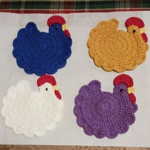 Crochet Chicken Pot Holders Set - Blue, Yellow, White, Purple